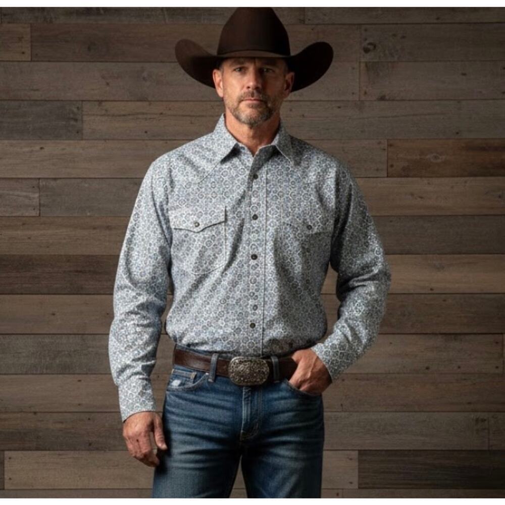 Wrangler 20X Competition Advanced Comfort Blue Pearl Snap M Geometric Western
